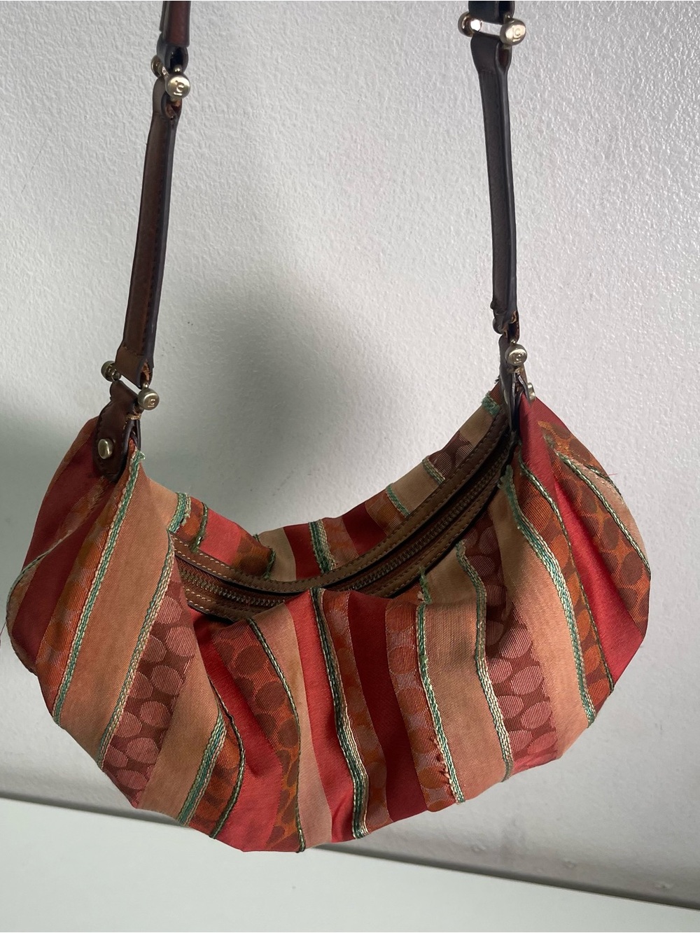 Y2K Liz Claiborne Hobo Shoulder Bag Purse Striped Slouchy Leather Trim Boho